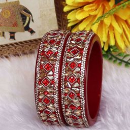 TAJ BRIDAL STORE Set Of 2 Kundan Studded Lac Kada Bangles-37