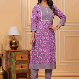 ALEXEY JAY Floral Printed Round Neck Pure Cotton Straight Kurta With Trousers-33