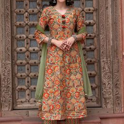 BANDIA Women Floral Printed Panelled Pure Cotton Kurta with Trousers & Dupatta-image-15