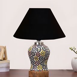 Devansh Black Textured Traditional Frusturical Shaped Wooden Table Lamp & Mosaic Glass-24