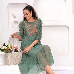 HIGHLIGHT FASHION EXPORT Women Self Design Embroidered Georgette Fit & Flare Midi Dress-image-64