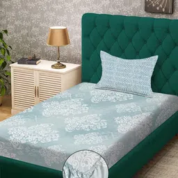 KLOTTHE Green & White Floral 300 TC Fitted Single Bedsheet with 1 Pillow Cover-picture-13