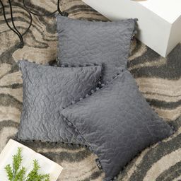 HOSTA HOMES Grey 3 Pieces Geometric Quilted Velvet Square Cushion Covers-12