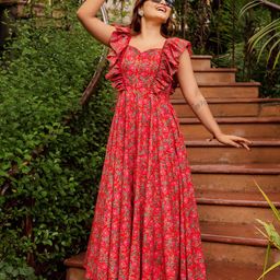Pomcha Women Floral Printed Ruffled Fit & Flare Midi Dress-picture-28