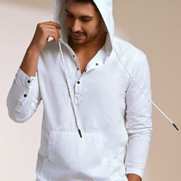 KINGDOM OF WHITE Pure Cotton Hooded Casual Shirt with Pockets-image-50