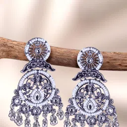 MEENAZ Silver-Plated Oxidised Stone Studded & Beaded Contemporary Shaped Drop Earrings-image-24