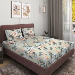 Myntra Elegant Homes Beige & Mustard Floral 144 TC Queen Bedsheet with 2 Pillow Covers-image-91