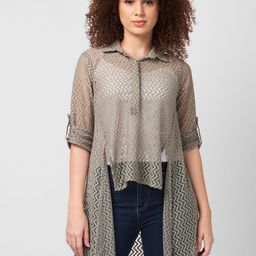 Iti Geometric Print Roll-Up Sleeves Georgette Shirt Style Longline Top-image-5