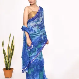 Manu Designer Tie and Dye Pure Chiffon Saree With Mirror Work image 3