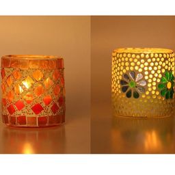 Somil Vibrant Multicolor Glass Candle Holder Add A Touch Of Magic To Diwali, Parties & Candlelight Dinners, Size-7 X 7 X 7 Cm , 7 X 7 X 7 Cm Pack OF 2-image-98