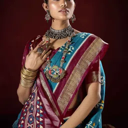 SANSKAR Ajrak Block Zari Silk Blend Kanjeevaram Saree image 3