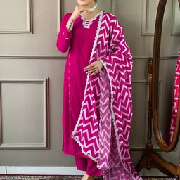 KALINI Embroidered Yoke Design V-Neck Straight Kurta With Trousers & Dupatta-picture-10