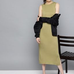 STREET 9 Women Olive Green Solid Midi Sheath Dress-image-36