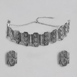 Kord Store Silver-Toned Oxidised Textured Choker Jewellery Set-45