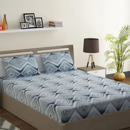SWAYAM Blue & Grey Geometric 200 TC Cotton 1 Queen Bedsheet with 2 Pillow Covers-image-83