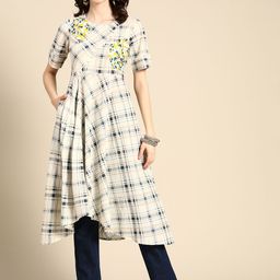 Sangria Women Grey & White Checked Cotton Kurta-14
