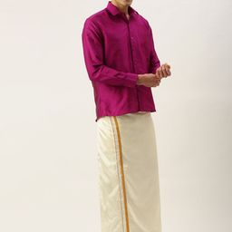 THANGAMAGAN Men Pink & Off White Shirt with Dhoti Pants-image-85