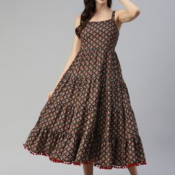 Divena Charcoal Grey & Beige Pure Cotton Ethnic Motifs A-Line Midi Dress-picture-22