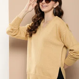 HERE&NOW  V-Neck Full Sleeves Ribbed Pullover Sweaters-image-79