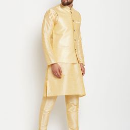 SOJANYA Men Gold-Toned Self Design Kurta with Churidar image 4