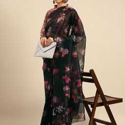 Anouk Black & Pink Floral Organza Saree-image-94