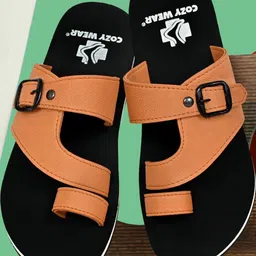 Cozy Wear Men Tan Solid Synthetic Open Toe Flip Flops With Buckles-picture-45