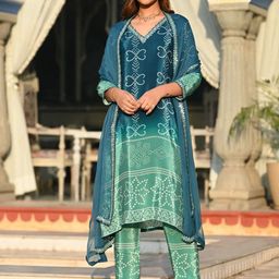DIVASTRI Women Bandhani Printed Regular Mirror Work Kurta with Trousers & With Dupatta-14