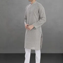 Pulseiq Men Geometric Embroidered Festive Cotton Straight Kurta-image-83