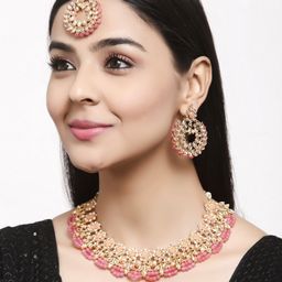 Shining Diva Gold Plated Pink & White Kundan Studded Jewellery Set-image-29
