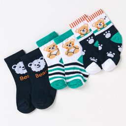 Cute Walk by Babyhug Non Terry Cotton Knit Ankle Length Anti Bacterial Socks Teddy Bear Design Pack of 3 - Black-image-88