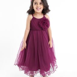Babyhug Woven Singlet Sleeves Mesh Party Dress with Floral Corsage - Aubergine-image-41