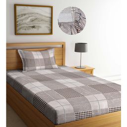 Arrabi Beige Checks TC Cotton Blend Single Size Fitted Bedsheet with 1 Pillow Cover - Multicolour-50