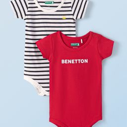 UCB Cotton Knit Half Sleeves Onesies Striped & Text Print Pack of 2 - Red & White-image-3