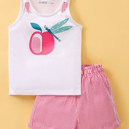 Doreme Single Jersey KnitSleeveless Nightsuit with Apple & Dragon Fly Print - White & Pink-image-51