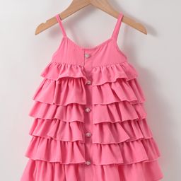 Kookie Kids Sleeveless Layered Frock with Mock Buttons - Pink-image-85