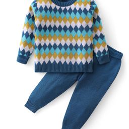 Babyhug Knit Full Sleeves Pullover Sweater & Pant Set Argyle Design - Multicolor-image-72