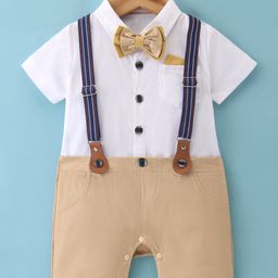 Mark & Mia Half Sleeve Knee Length Solid Colour Party Romper with Bow & Suspender  - Khaki-image-85