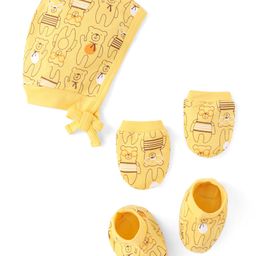 Doodle Poodle Interlock Cotton Knit Teddy Bear Printed Cap Mittens & Booties Set - Yellow-image-19