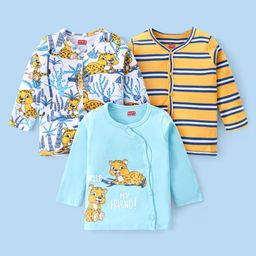 Babyhug 100% Cotton Knit Full Sleeves Antibacterial Striped Front Open Vest Cub Print Pack of 3 - White Yellow & Blue-image-39
