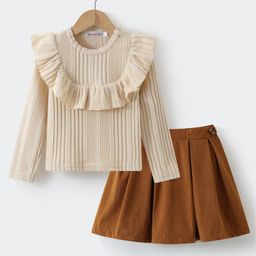 Kookie Kids Full Sleeves Solid Colour Top with Frill Detailing & Skirt - Light Brown-image-92