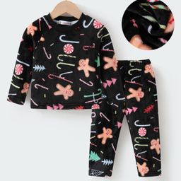 Kookie Kids Full Sleeves Winter Wear Night Suit With Cookies & Candies Print - Black-image-80