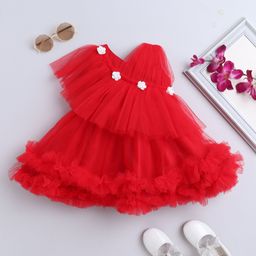 Many frocks & Net Sleeveless Flower Applique & Frill Detailed Dress - Red-image-2