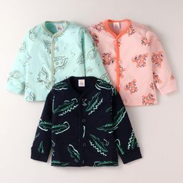 Mini Donuts Interlock Knit Full Sleeves Front Open Vests with Crocodile Tiger & Dino Print Pack of 3 - Black Pink & Mint-image-8