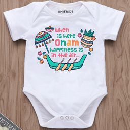 KNITROOT Onam Theme Half Sleeves When Is Here Onam Happiness Is In The Air Text Printed Onesie - White-image-22