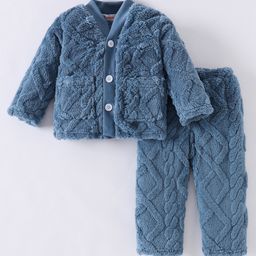 Kookie Kids Full Sleeves Front Open Solid Winter Wear Night Suit - Blue-image-89