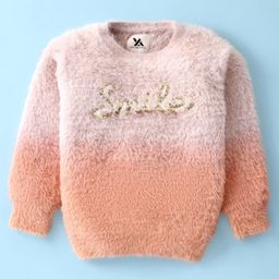 Yellow Apple Knitted Full Sleeves Pullover Sweater with Sequin Embroidery & Fur Detailing - Light Peach-image-85