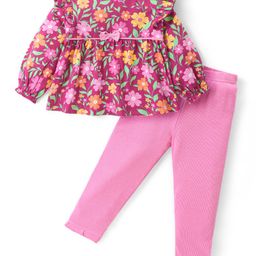 Babyhug Cotton Knit Full Sleeves Frill Detailed & Floral Printed Top With Leggings - Maroon-image-87