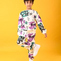 Anthrilo Fleece Full Sleeves Ready For That Text Printed Sweatshirt & Coordinating Joggers Set - White-picture-1