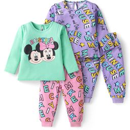Babyhug Disney Cotton Knit Full Sleeves Night Suits With Mickey & Minnie Mouse Graphics Pack Of 2 - Lilac & Turquoise-image-48