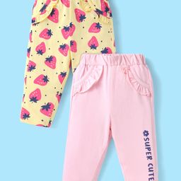 Doodle Poodle Single Jersey Knit Full Length Leggings With Strawberry & Text Print Pack of 2 - Pink & Yellow-image-37